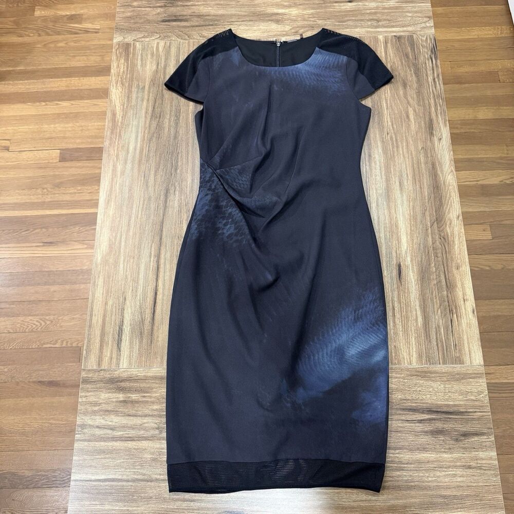 Elie Tahari Black Blue Mesh Sleeves Shirred Midi Dress Career Office Women Sz 6